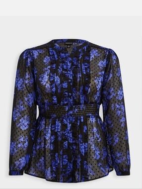 Torrid Chiffon Clip Dot Ruffle Front Top Floral Roses Blue Size 2x